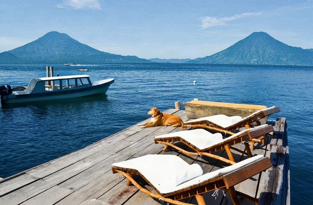 Rustic wooden dock on Lake Atitlán with lounge chairs, twin volcanoes in the distance and traditional motorboat on crystal-clear waters in Guatemala