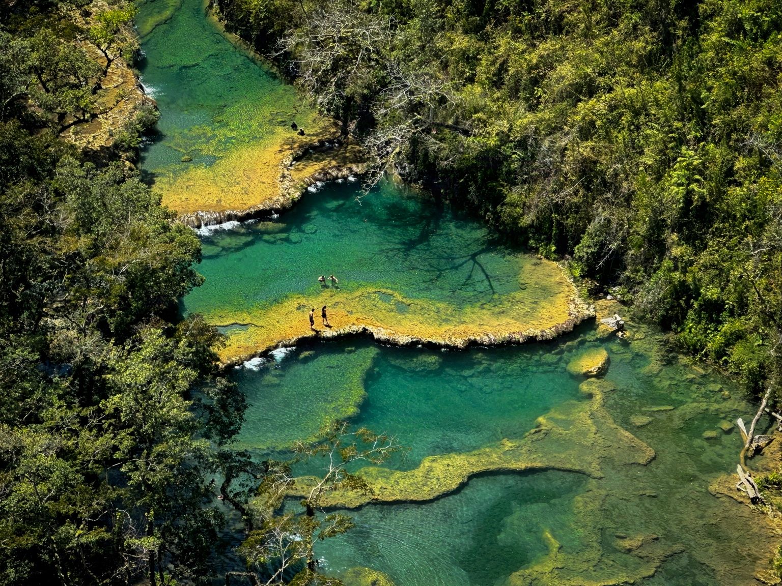 Semuc Champey's tiered natural pools in Baja Verapaz with turquoise waters and limestone formations surrounded by dense tropical jungle