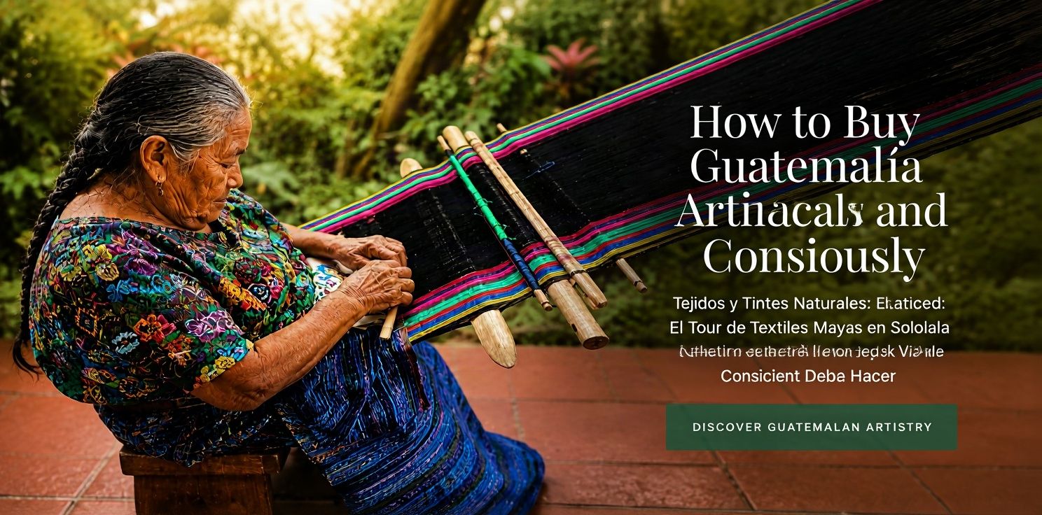 Traditional Mayan wooden loom in a terracotta courtyard in Sololá, Guatemala, surrounded by lush vegetation and bamboo trees, weaving colorful ribbons
