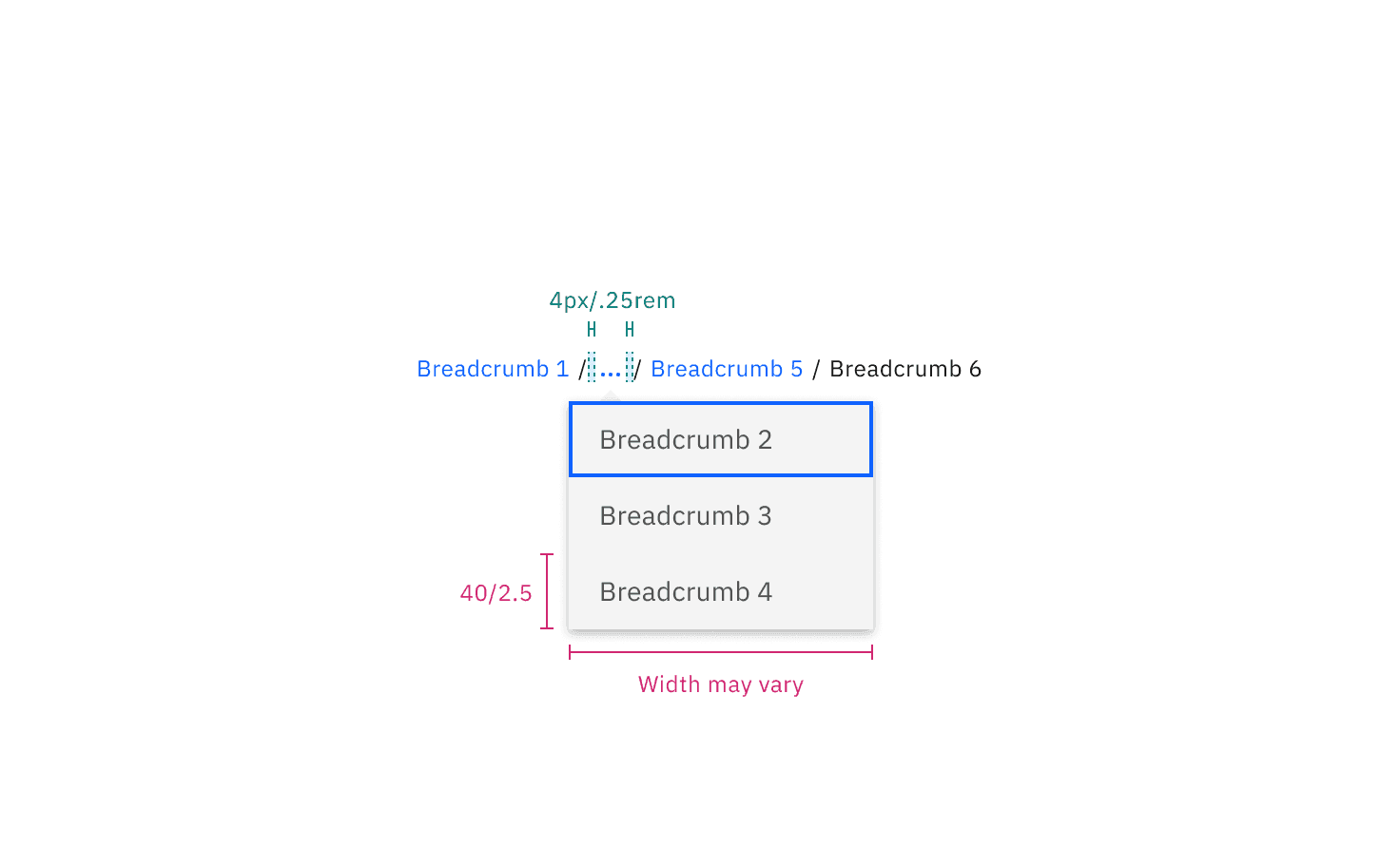 Structure and spacing measurements for small breadcrumb overflow | px / rem