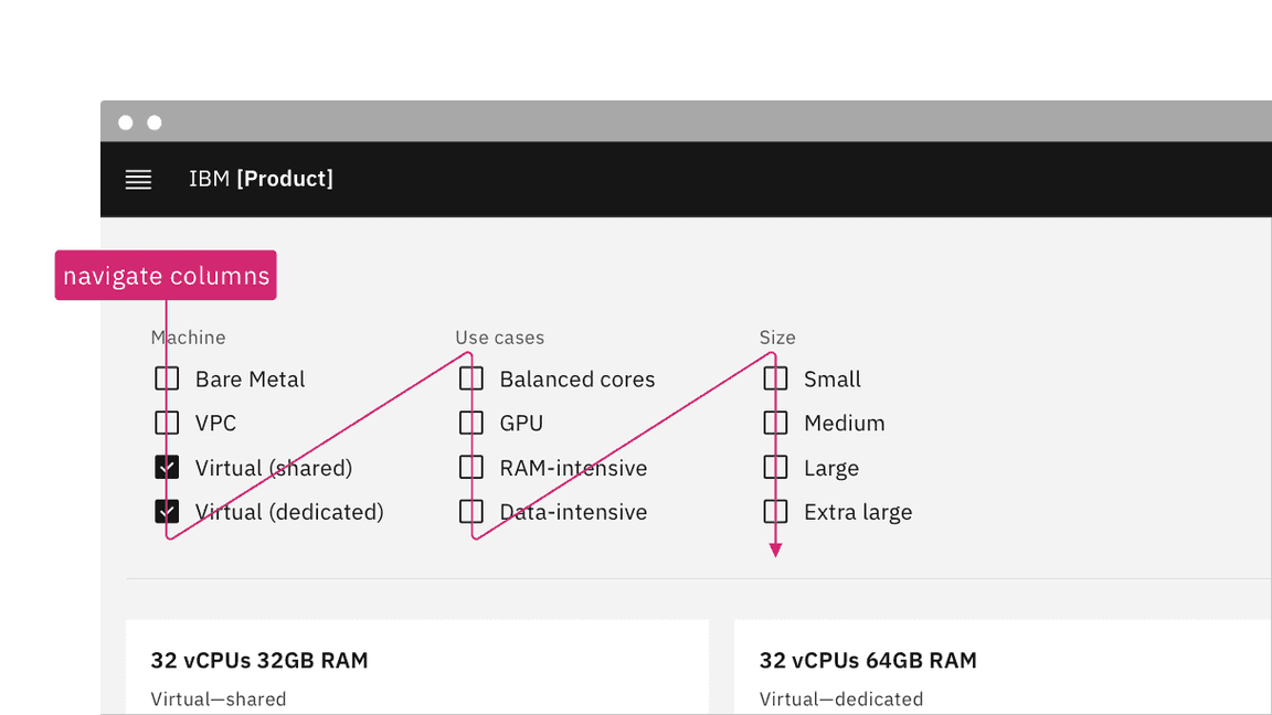 checkboxes with instruction to 'navigate in columns'