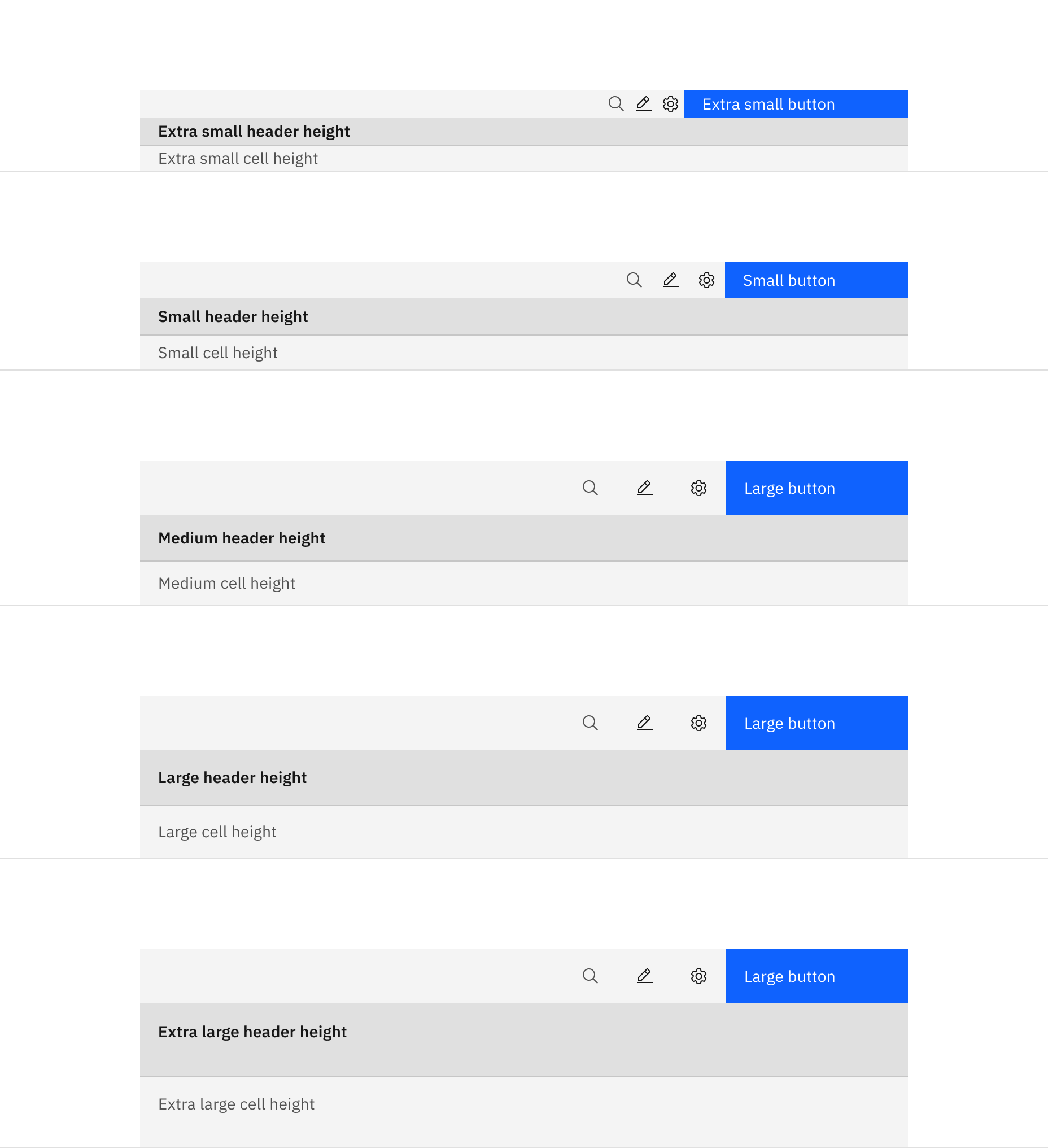 Size pairings of the toolbar and data table component