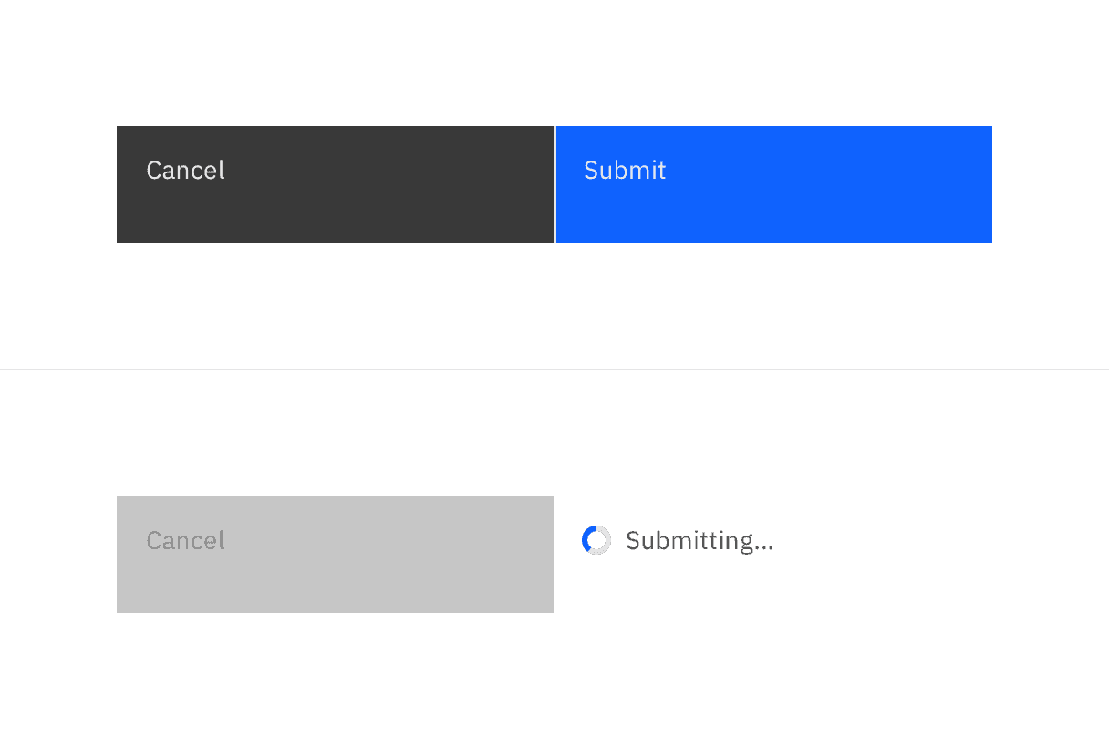 Example of Cancel button in disabled state while the Submit button is replaced by inline loading icon and "Submitting" message