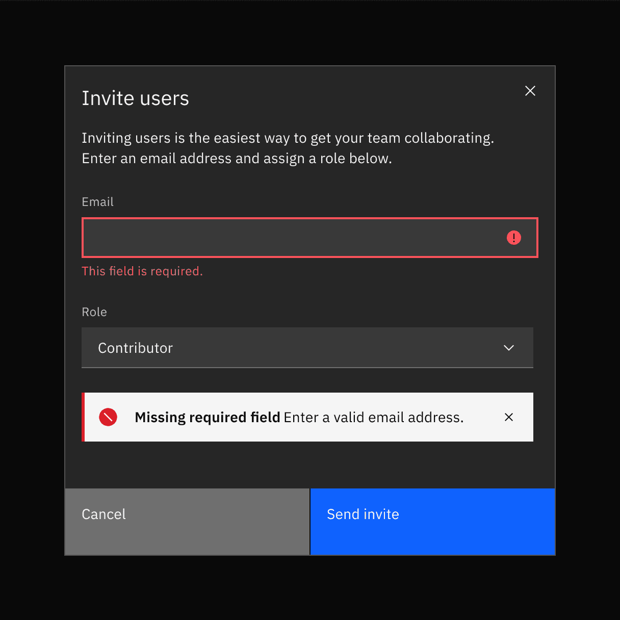 Example of inline notification supporting an error message on a form