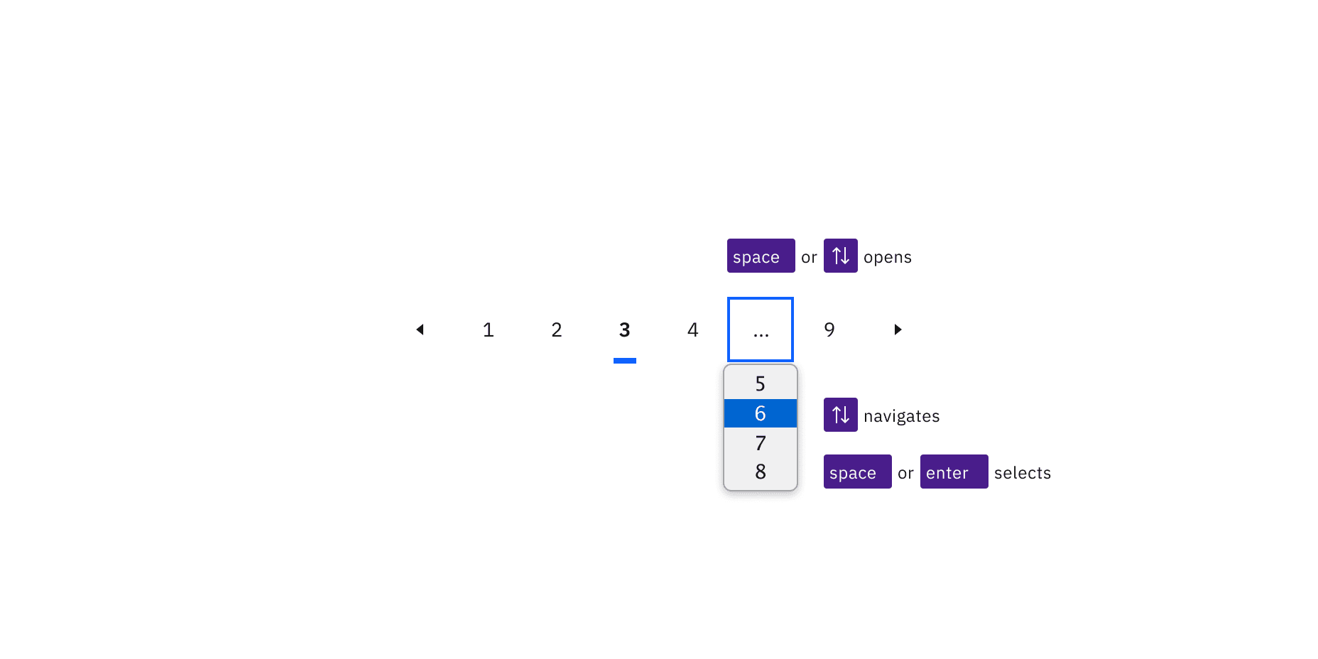 The menu opens by pressing Space, Up arrow, or Down arrow, and closes by pressing Space or Enter to select an item