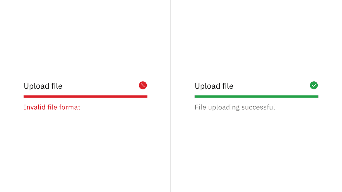Two progress bars respectively in error and successful, show the help text "Invalid file format" and "File uploading succeeded