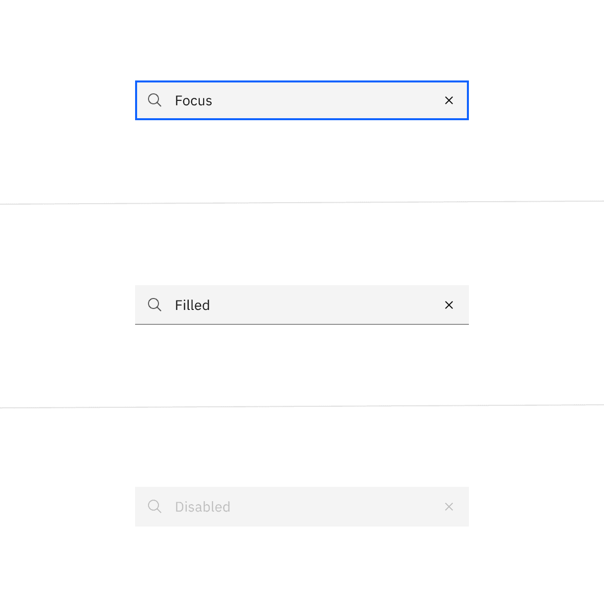 Examples of focus, filled, and disabled default search states