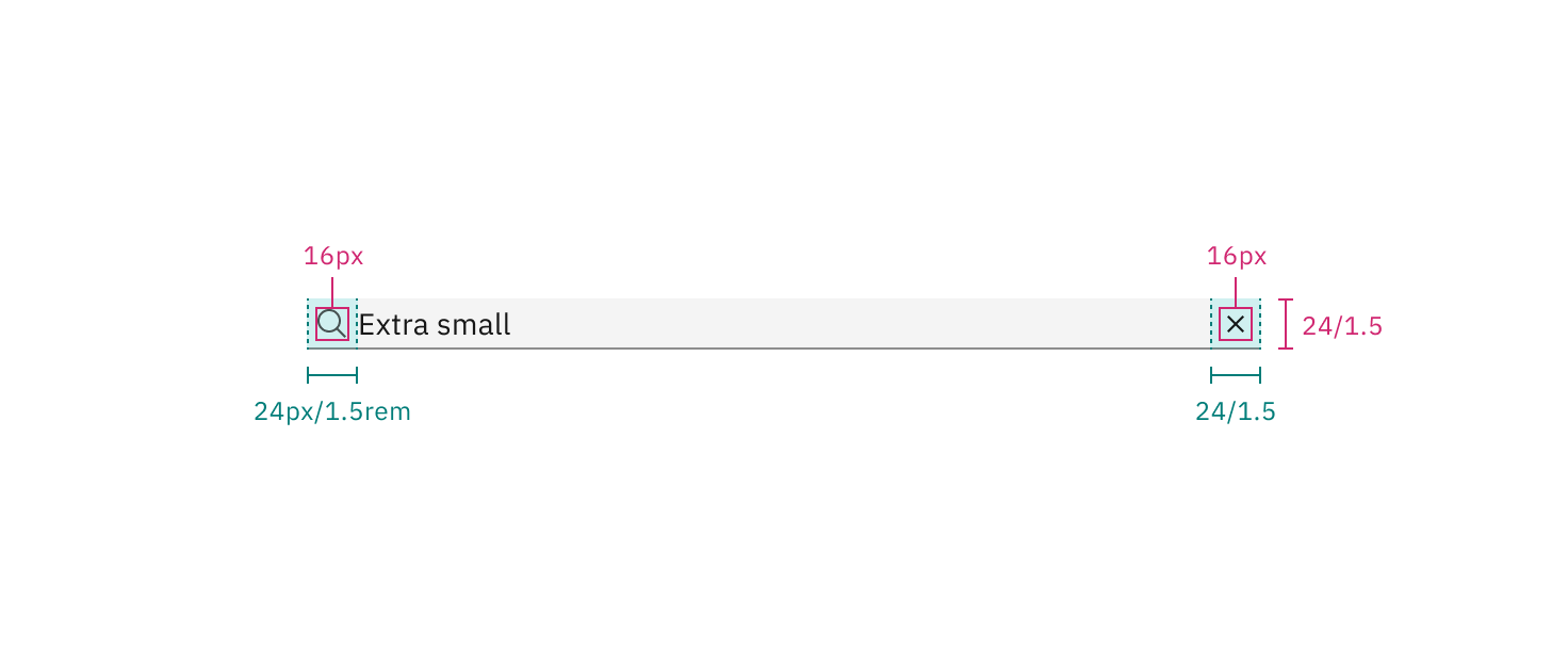 Structure and spacing measurements for extra small search | px | rem