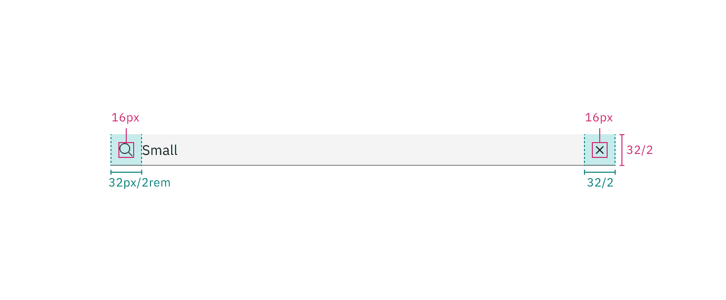 Structure and spacing measurements for default small search | px | rem