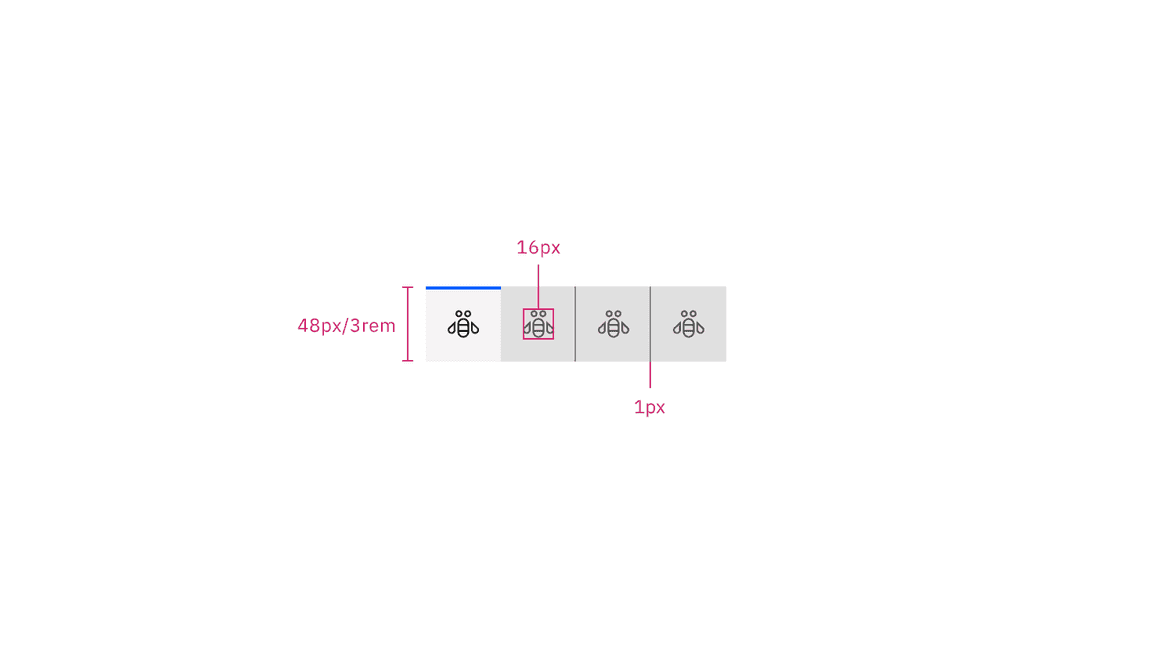 Structure and spacing measurements for icon-only contained tabs | px / rem