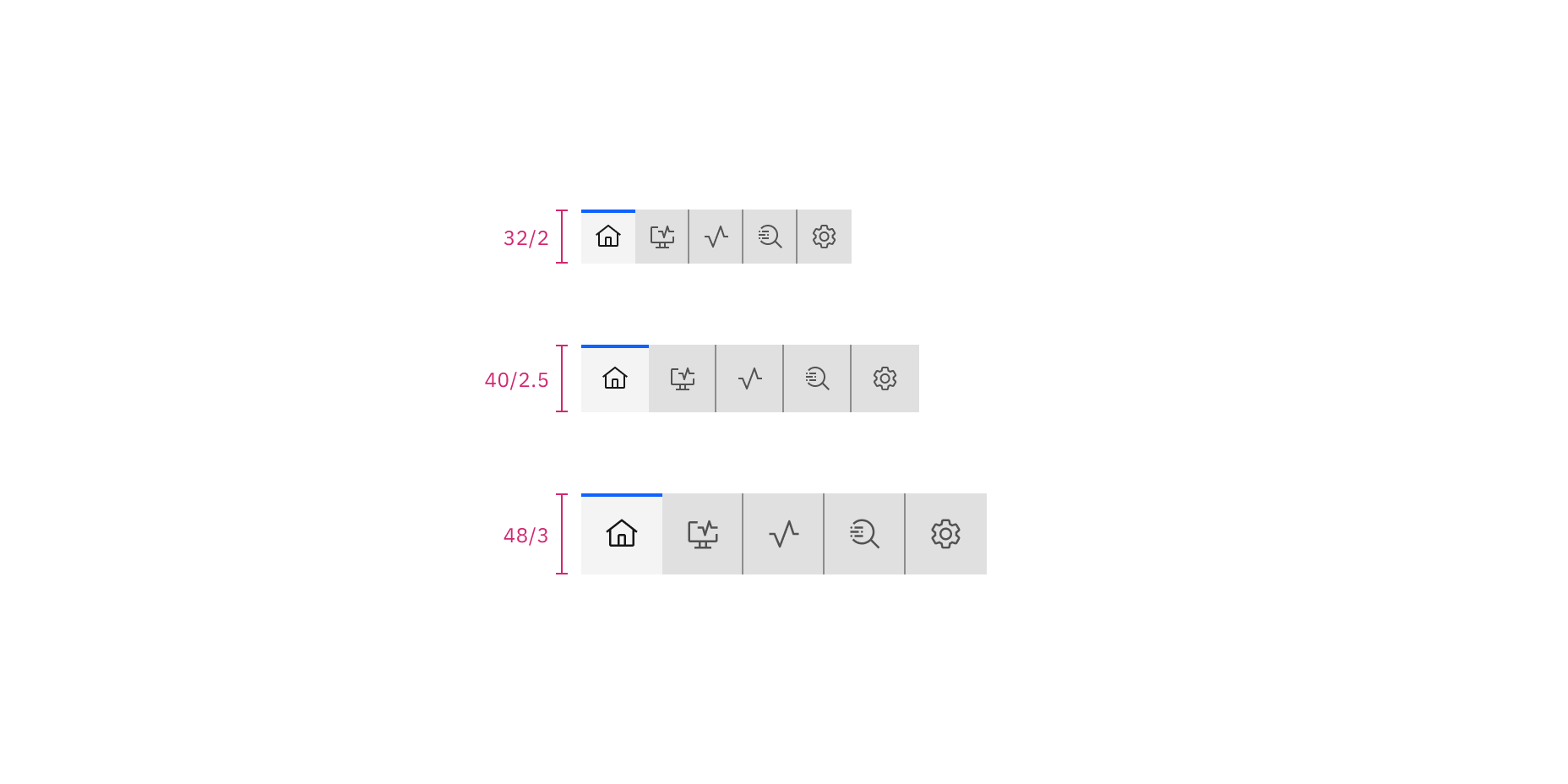 Sizes for icon-only contained tabs: small, medium, and large | px / rem
