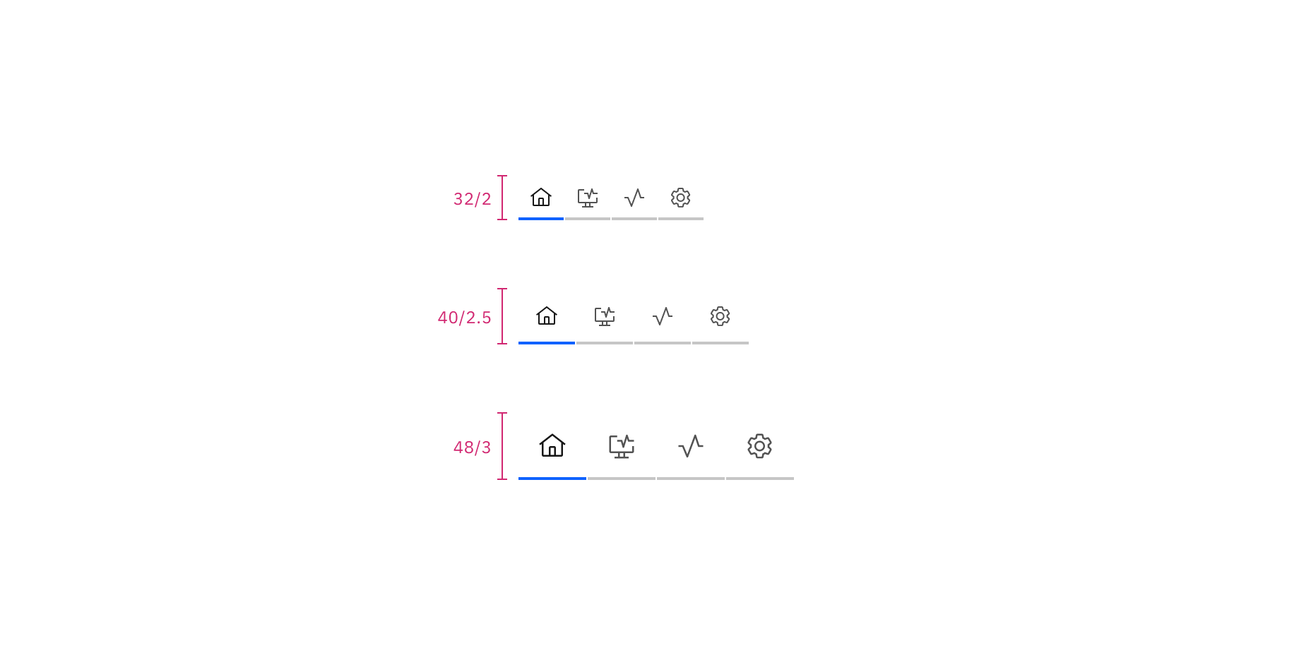 Sizes for icon-only line tabs: small, medium, and large | px / rem