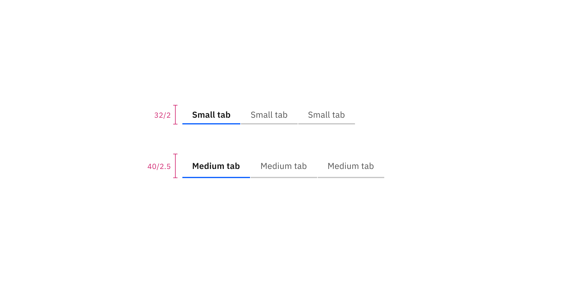 Sizes for line tabs with text: small and medium | px / rem