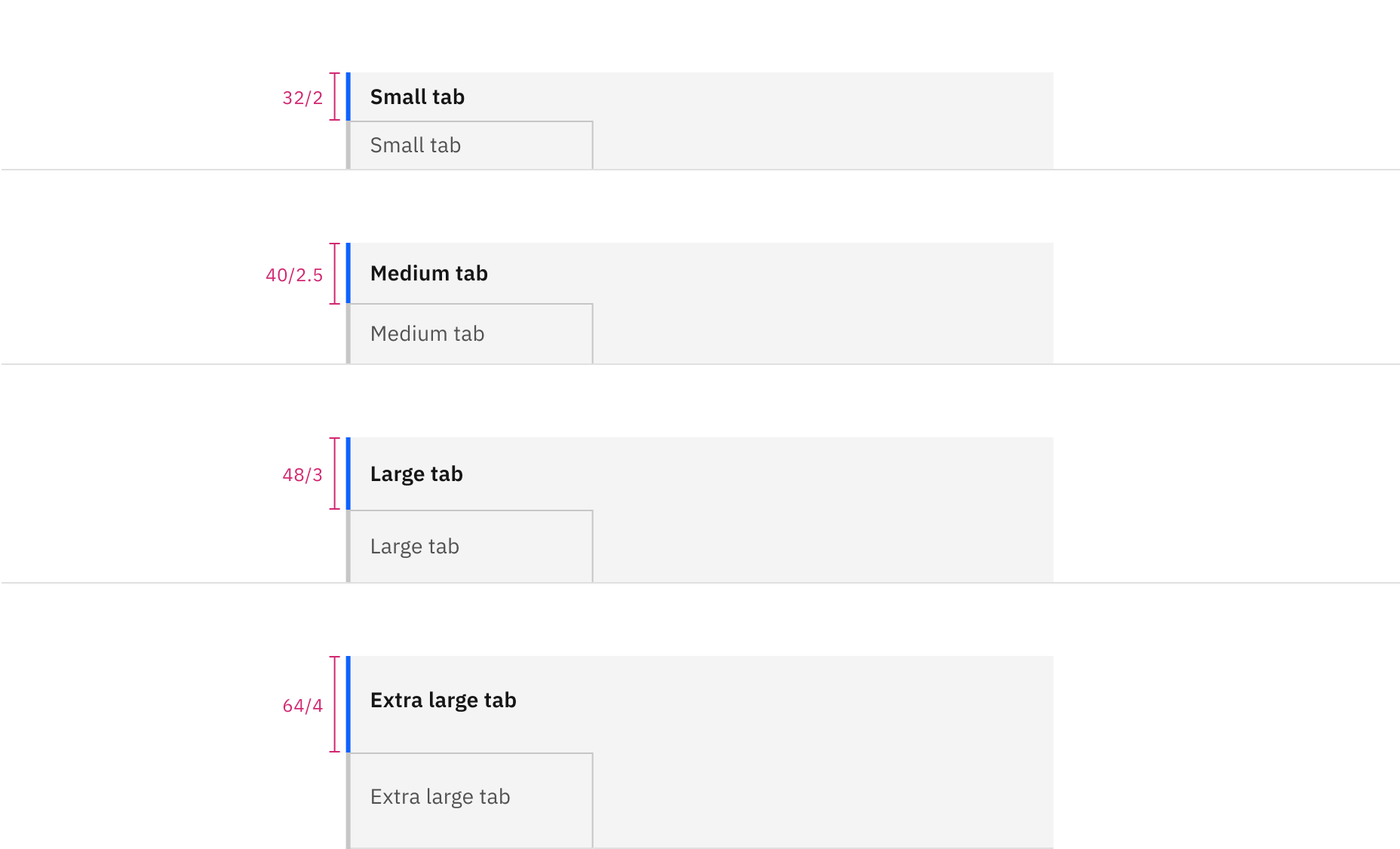 Sizes for vertical tabs: small, medium, large, extra large | px / rem
