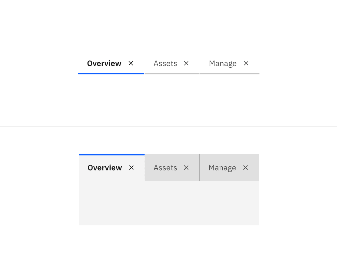 Example of dismissible line tabs (top) and dismissible contained tabs (bottom)
