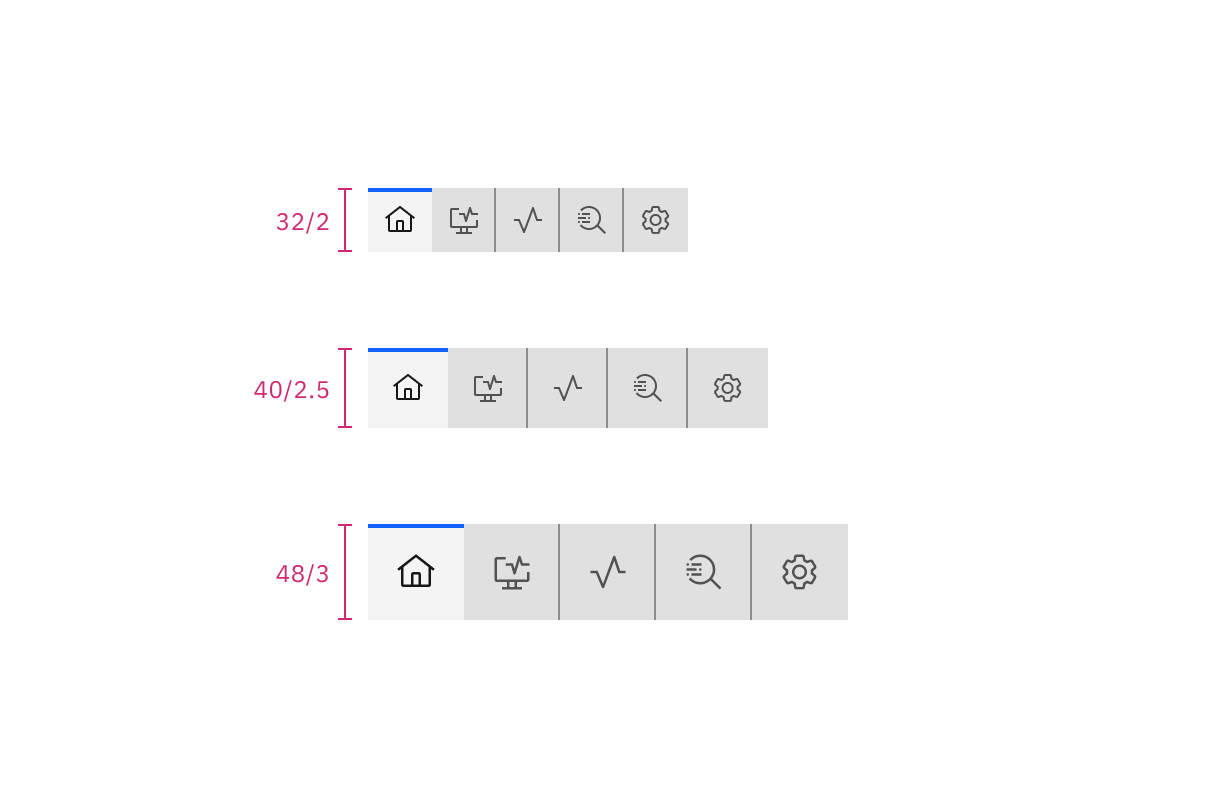 Sizes for icon-only contained tabs: small, medium, and large