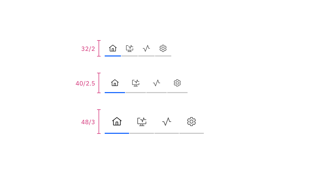 Sizes for icon-only line tabs: small, medium, and large